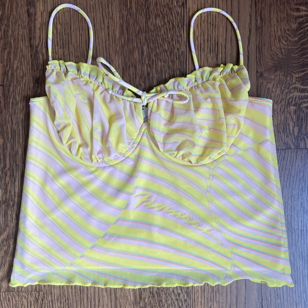 FIORUCCI wave print balconette mesh top in yellow